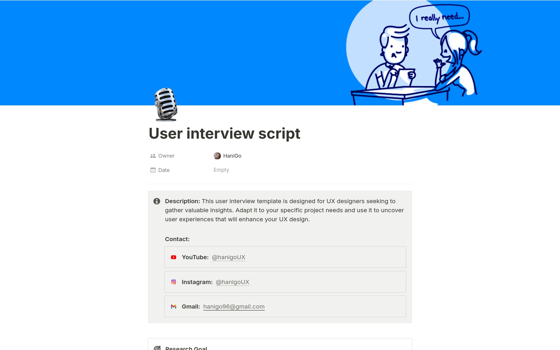 A template preview for User Interview Script
