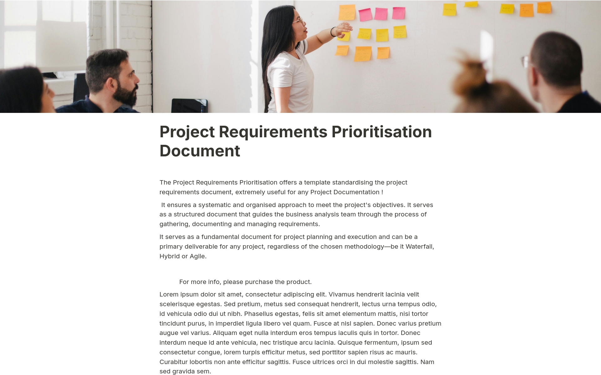 Uma prévia do modelo para Project Requirements Prioritisation Document