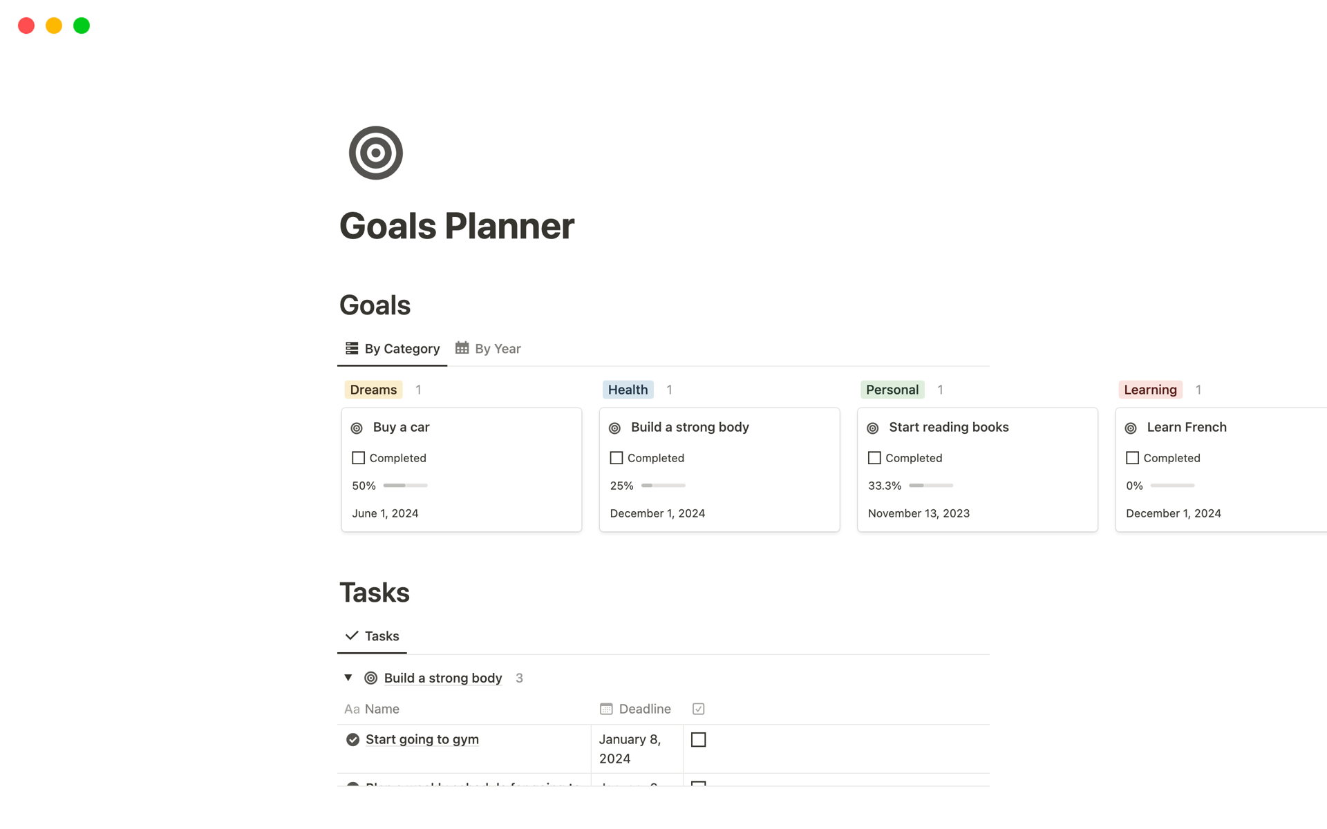 A template preview for Goals Planner
