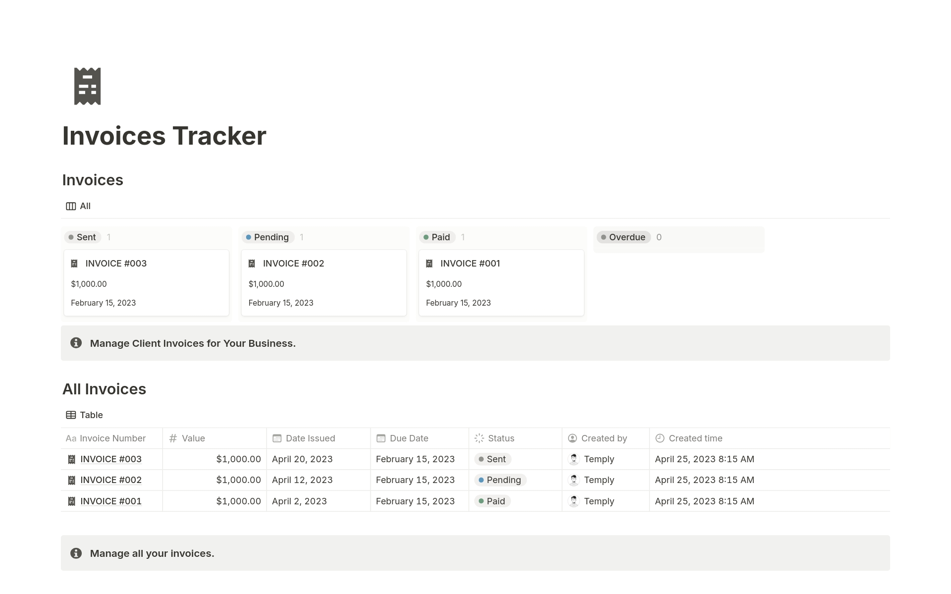 A template preview for Invoices Tracker