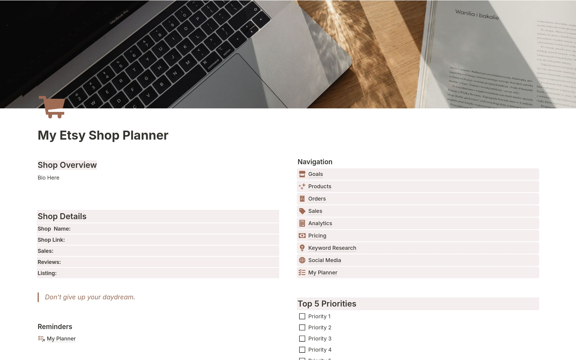 A template preview for Etsy Shop Management