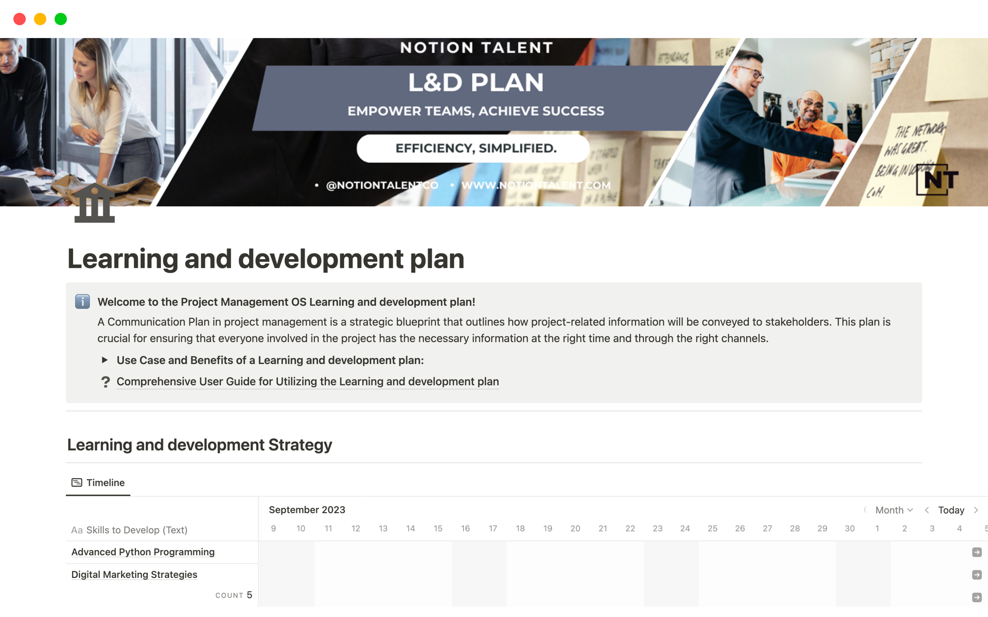 A template preview for Learning and development plan