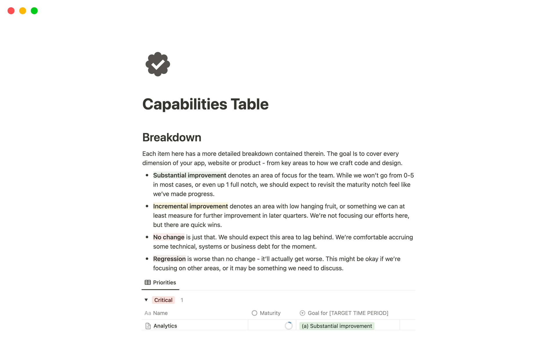 A template preview for Software Capabilities Table