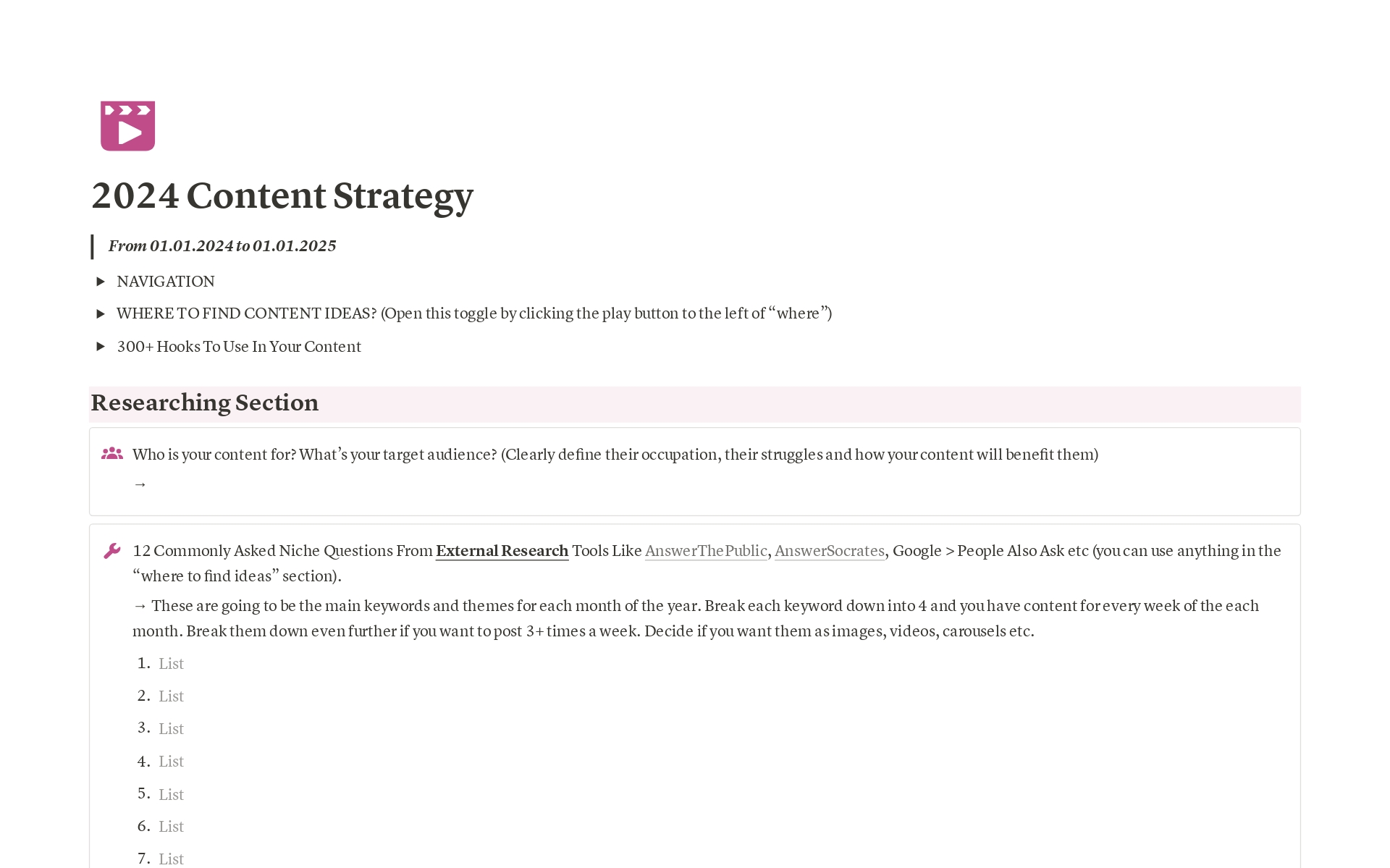 A template preview for Content Strategy