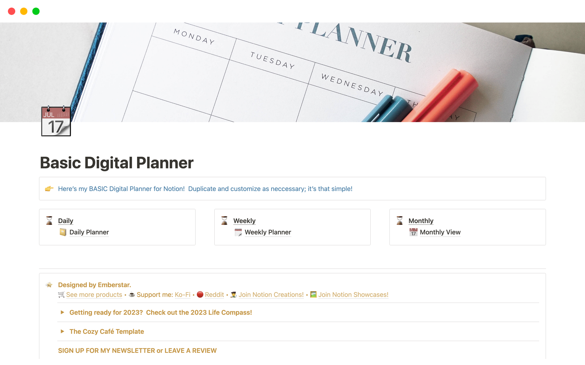 A template preview for Basic Digital Planner