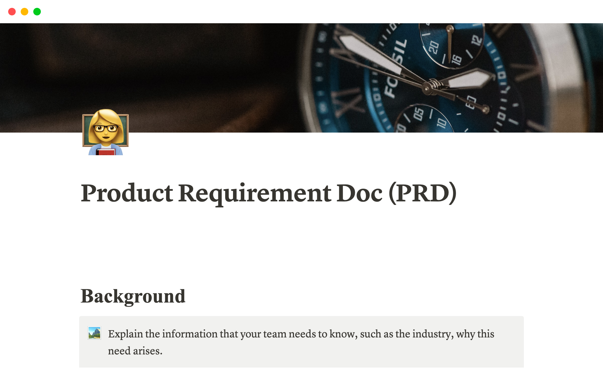Uma prévia do modelo para Product Requirement Doc (PRD) Notion Template