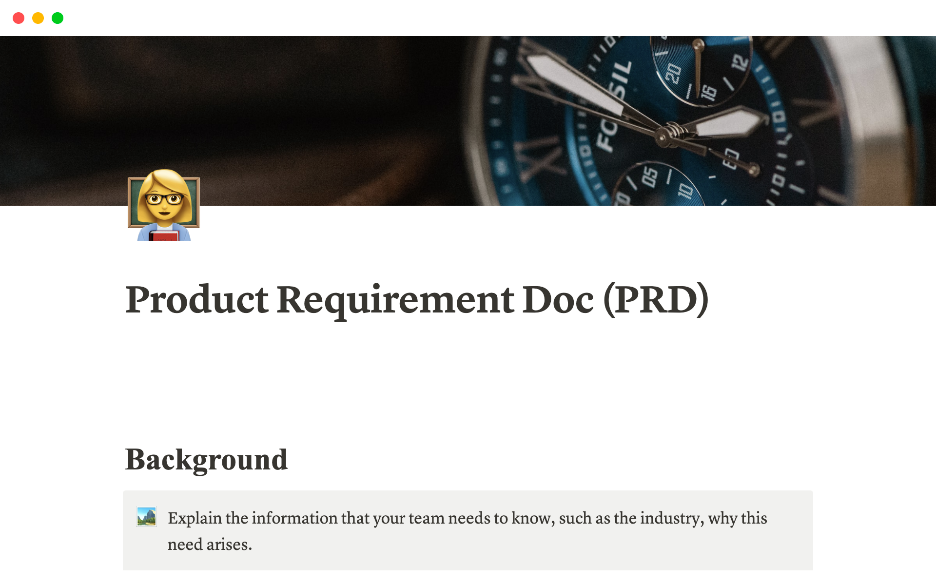 En förhandsgranskning av mallen för Product Requirement Doc (PRD) Notion Template