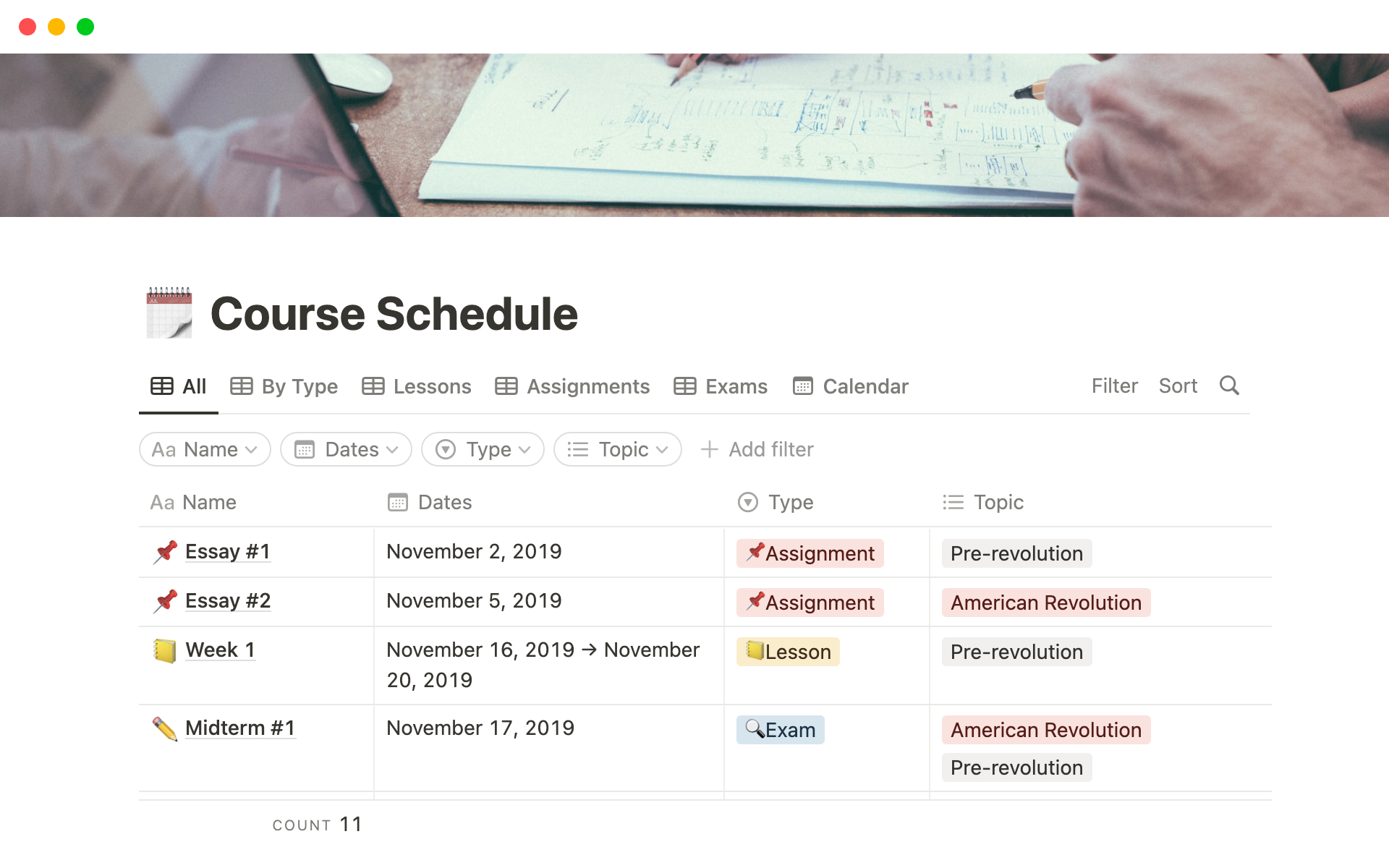 A template preview for Course Schedule