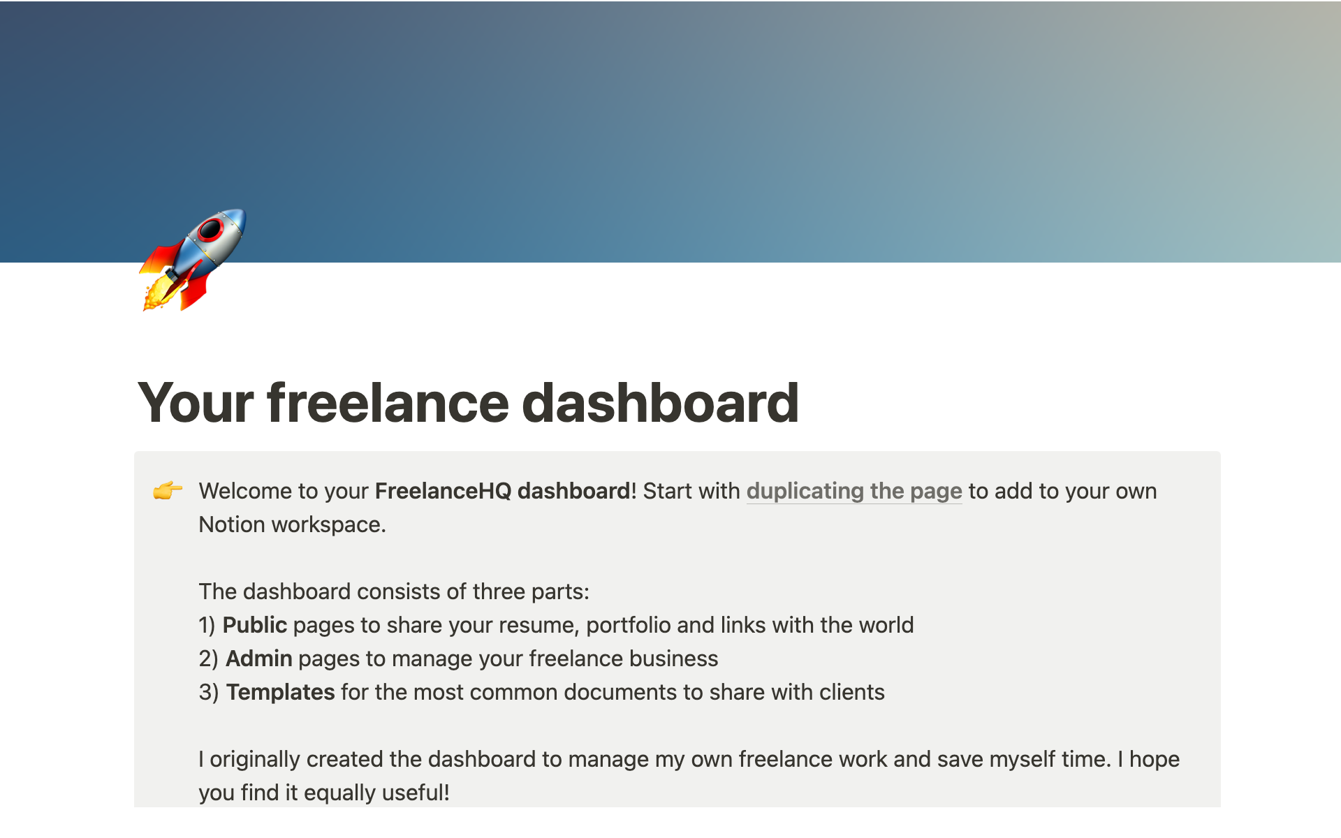 FreelanceHQ dashboardのテンプレートのプレビュー