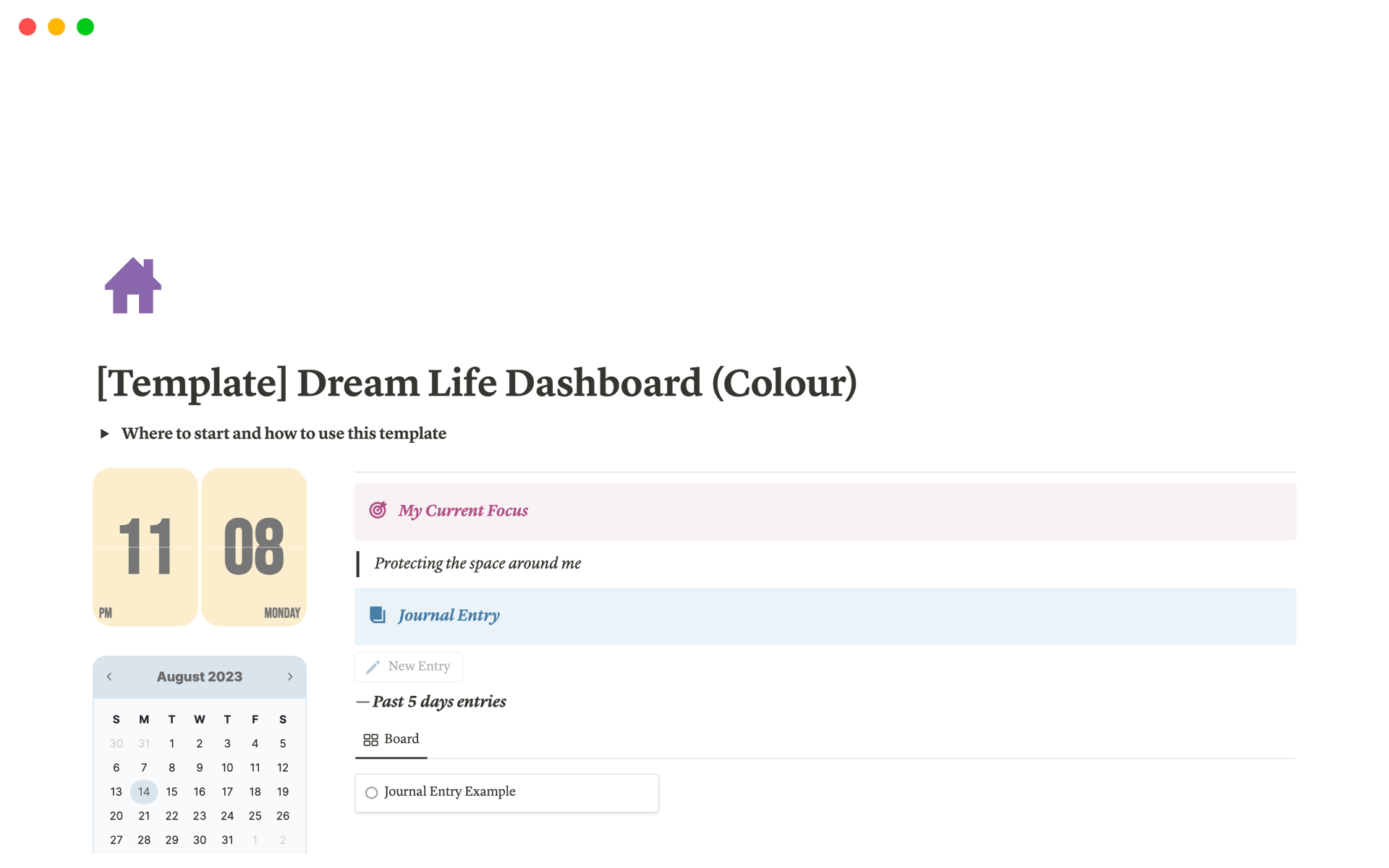 Aperçu du modèle de Dream Life Planner & Digital Journal Dashboard