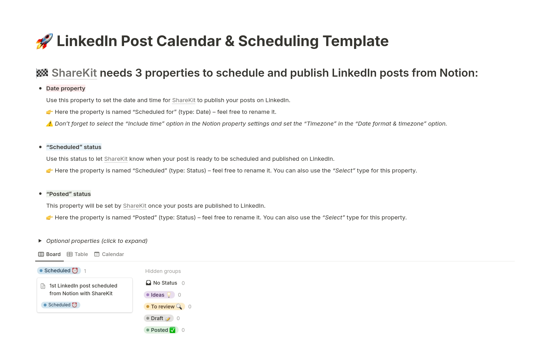 An easy-to-use LinkedIn Post and Content Calendar Template
📆 Stay consistent, get more followers on LinkedIn
⚡️ Different statuses to keep track of content steps (Ideas, Draft, To review, Scheduled, Posted)
🤖 Connect it to ShareKit and automatically post to LinkedIn from Notion