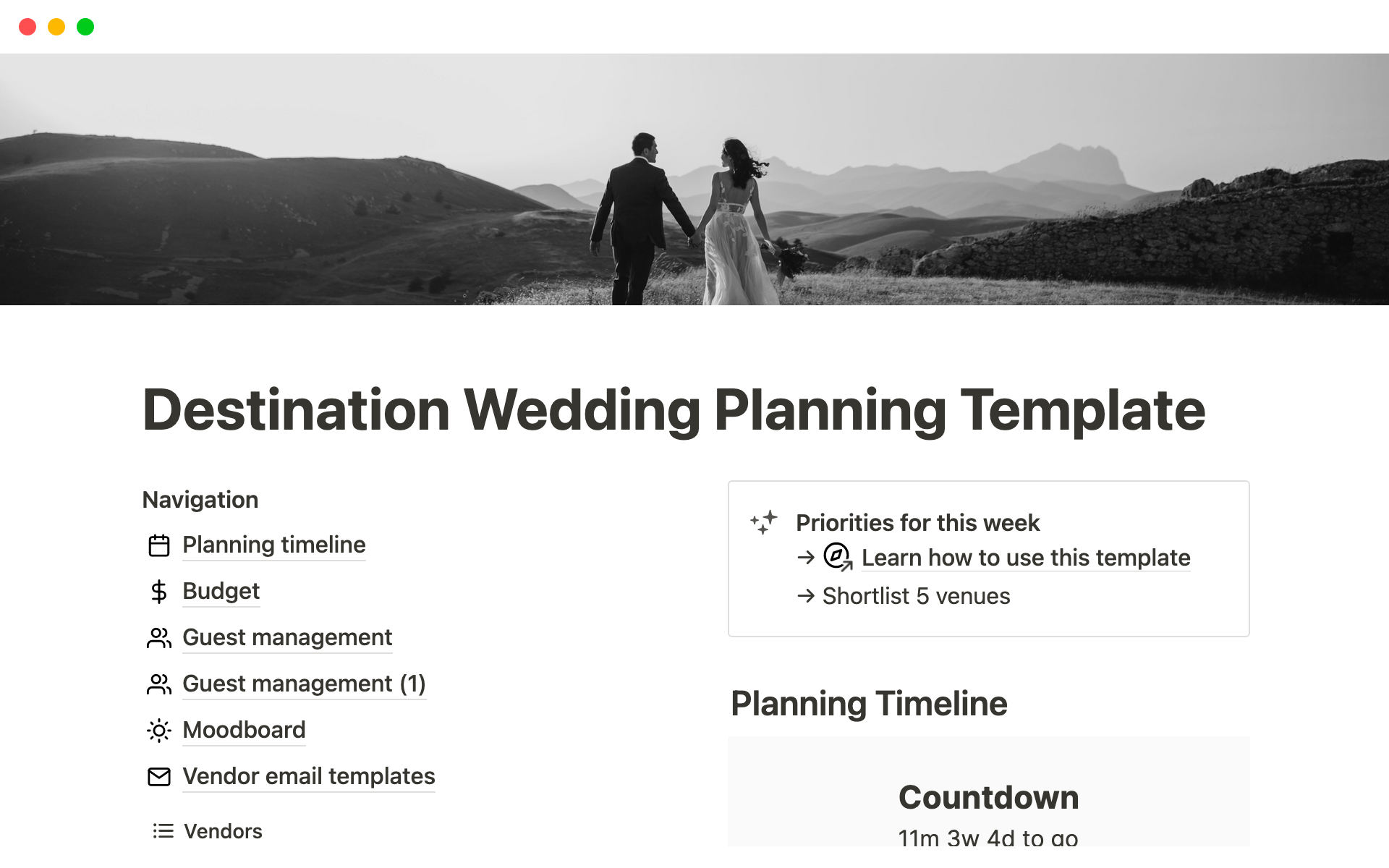 Plan and celebrate your destination wedding with ease! Our Destination Wedding Planning Template is the most comprehensive, and beautifully organized way to plan your destination wedding using Notion.