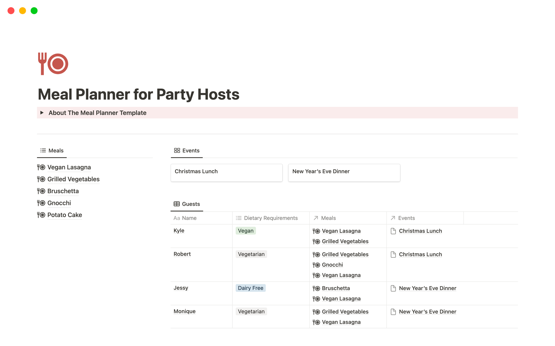 A template preview for Meal Planner for Party Hosts
