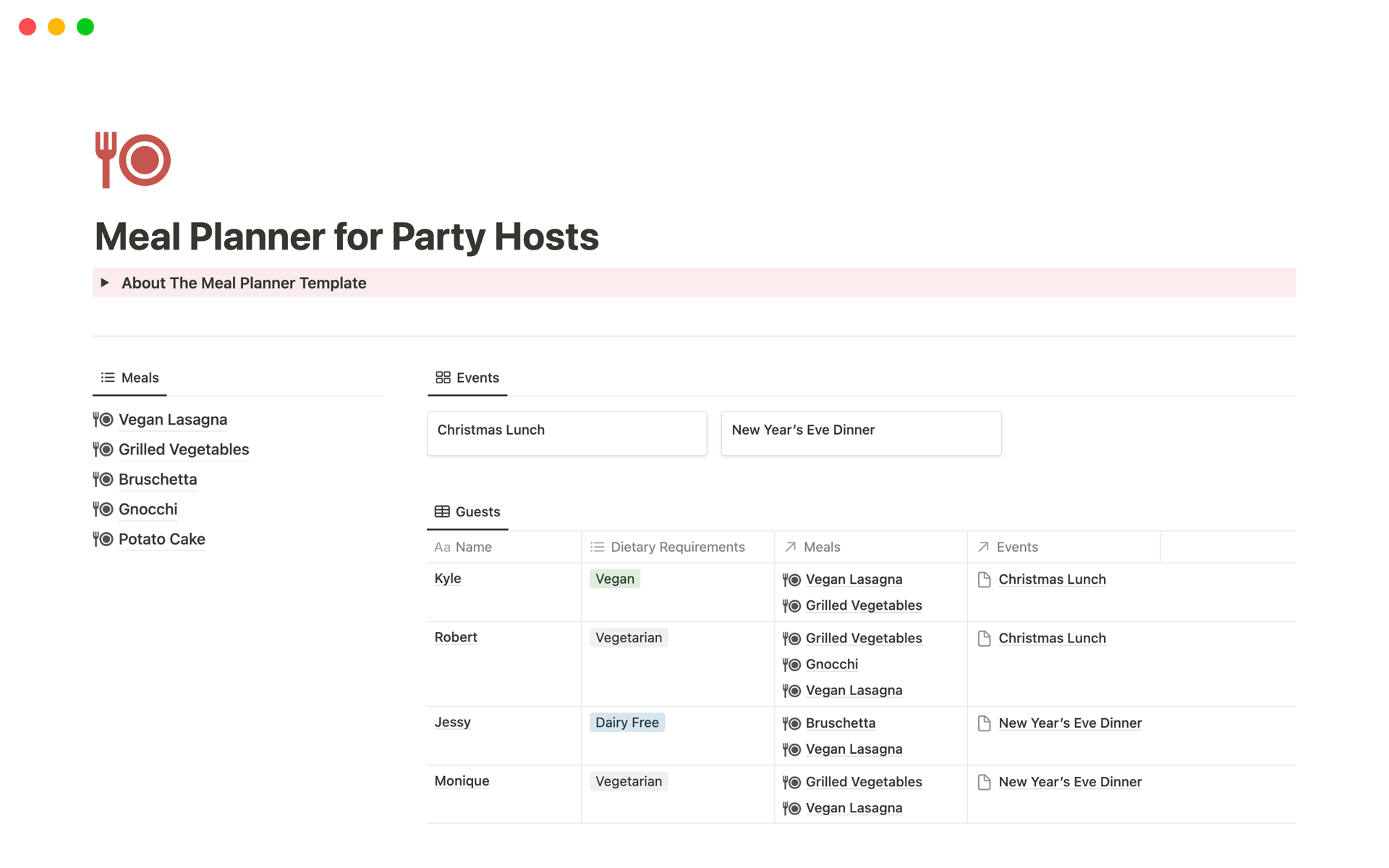 Meal Planner for Party Hosts by Nicole Demarchi | Notion Template