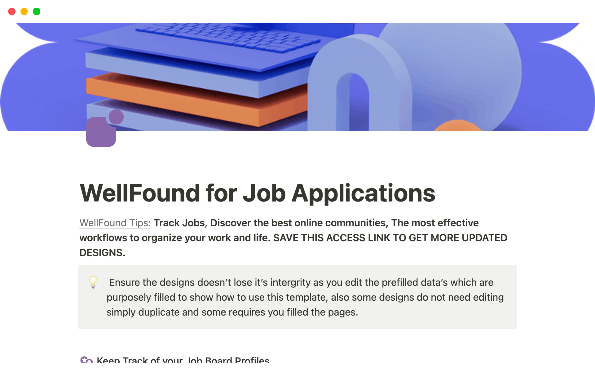 A template preview for WellFound for Job Applications