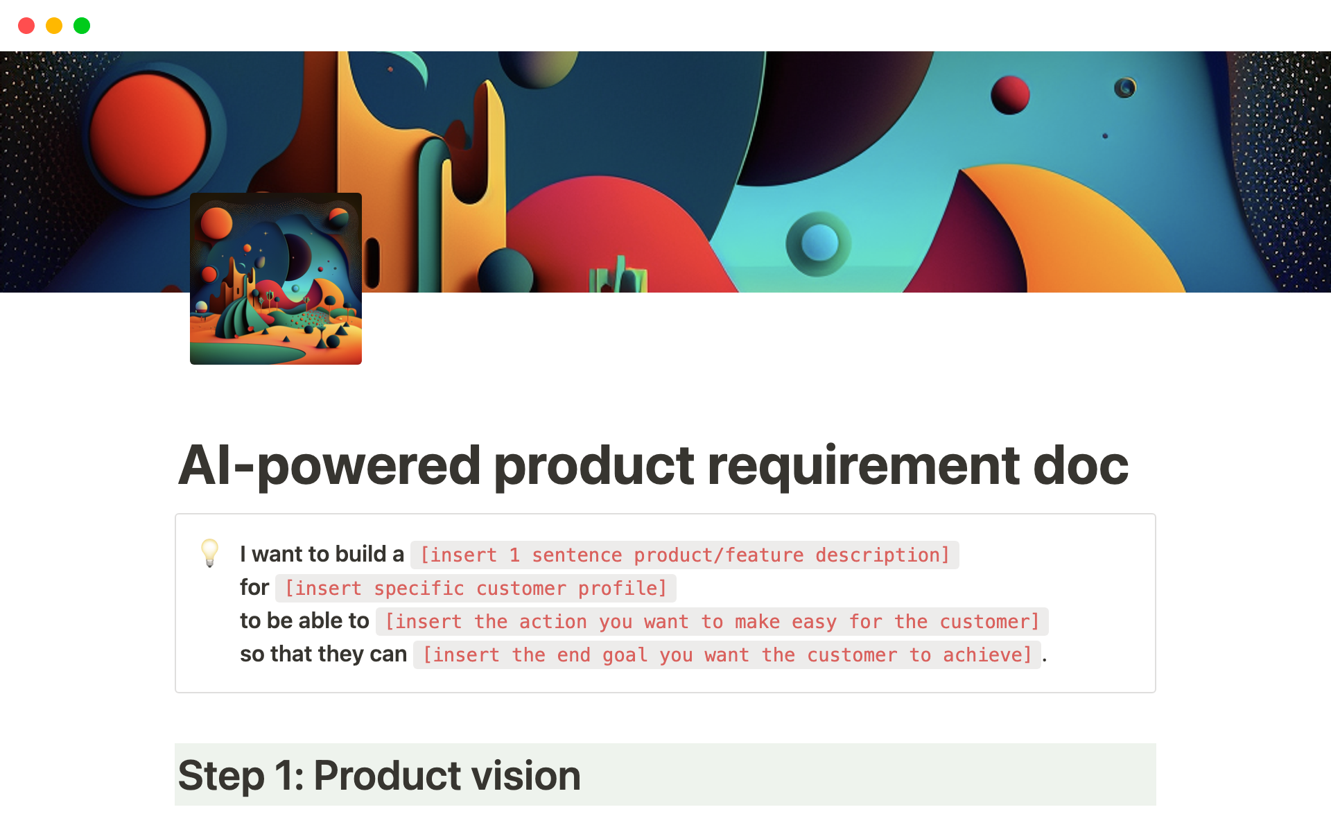 A template preview for AI-powered Product Requirement Doc