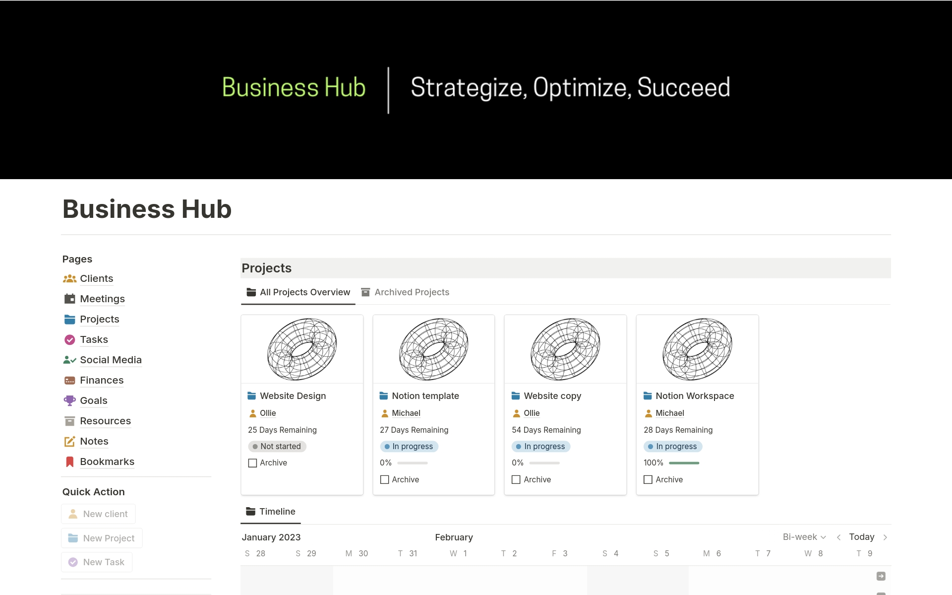 The "Business Hub" Notion template is a dynamic toolkit meticulously crafted to empower freelancers, agency owners, and business leaders in effectively managing and scaling their ventures.