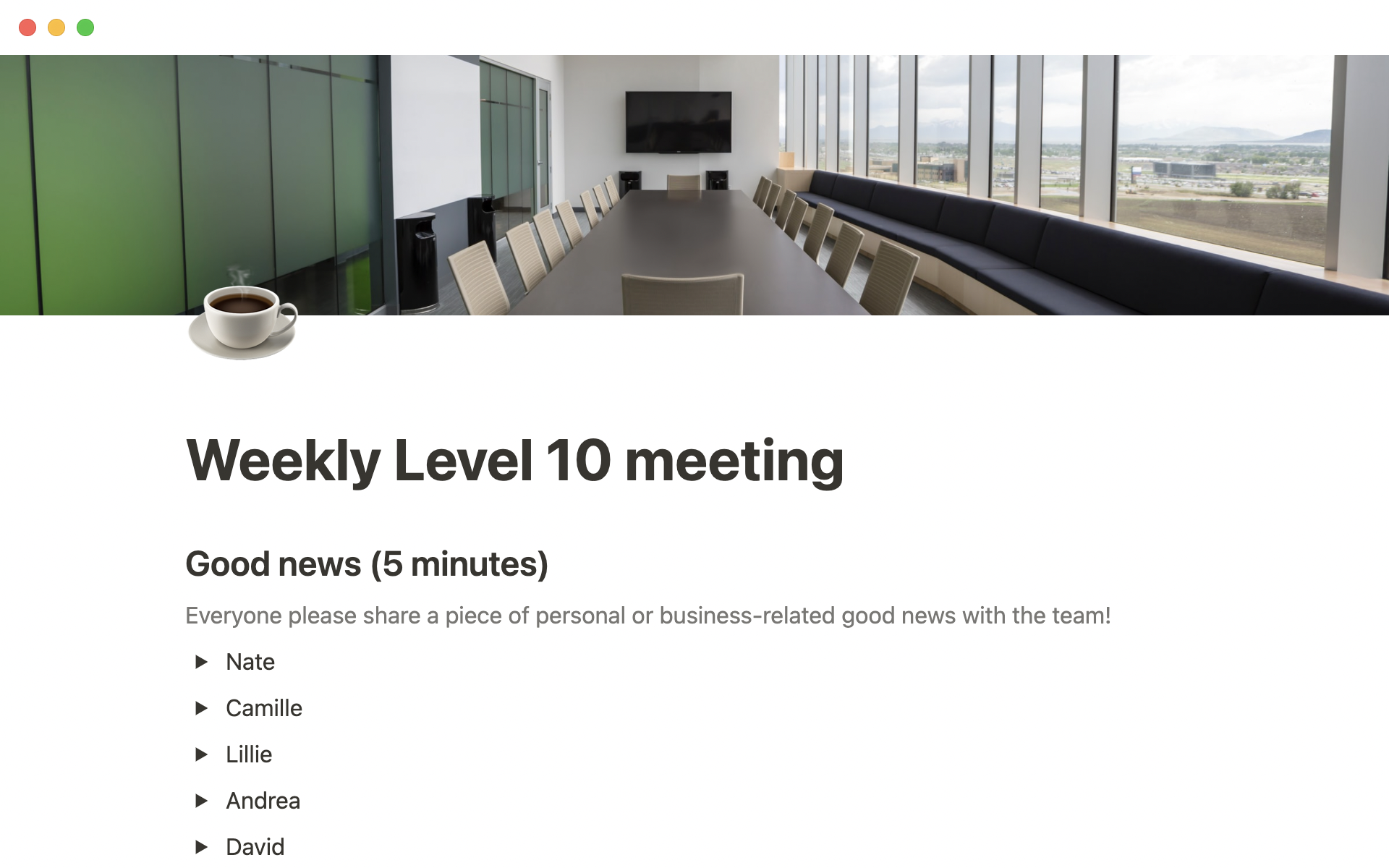 Use this weekly level 10 meeting template to stay on top of company goals and solve high priority problems in a timely manner.
