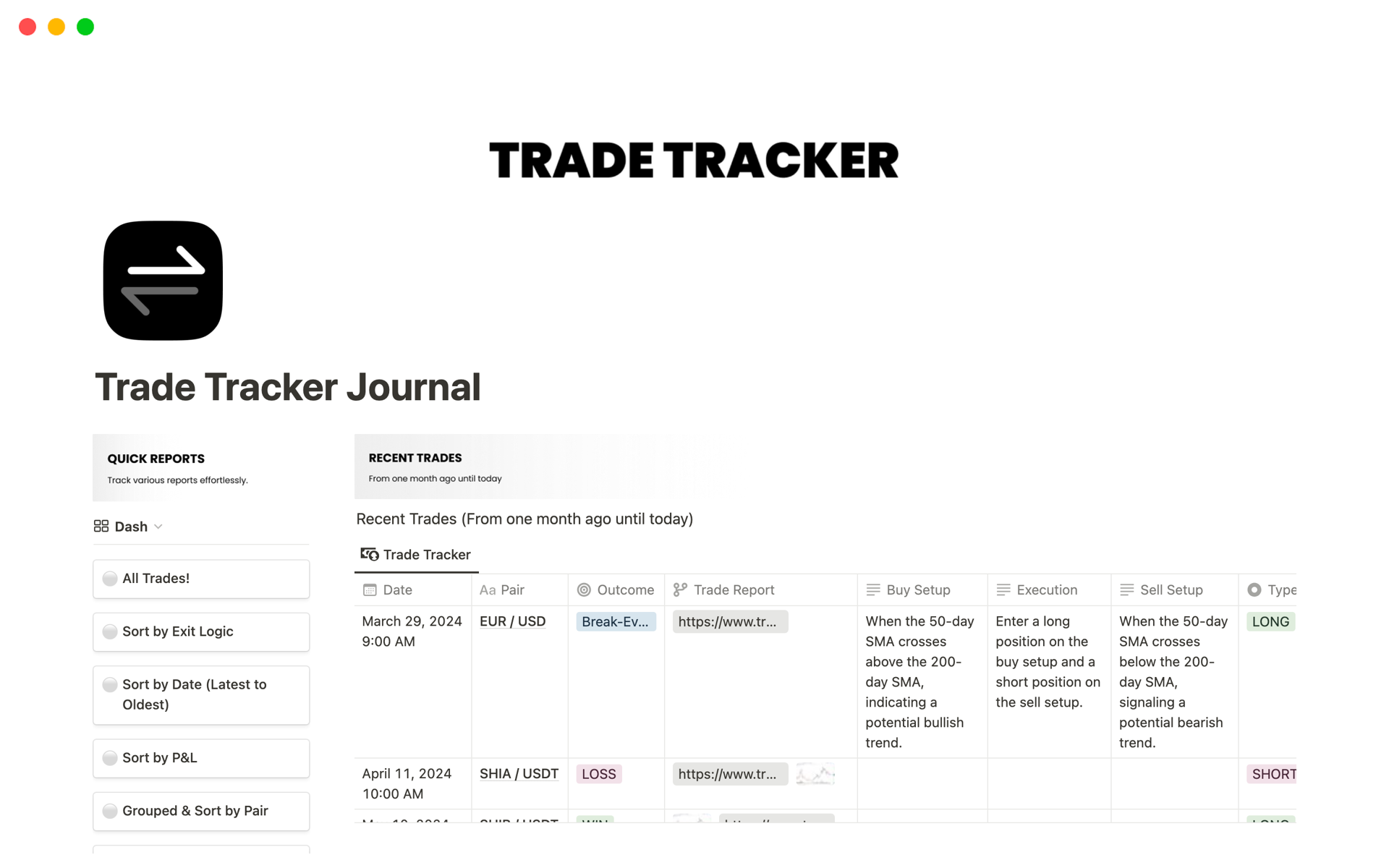 A template preview for Trade Tracker Journal (Trading)