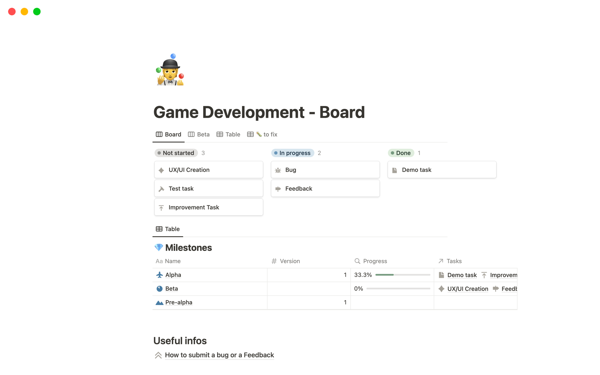 A template preview for Game Development Board