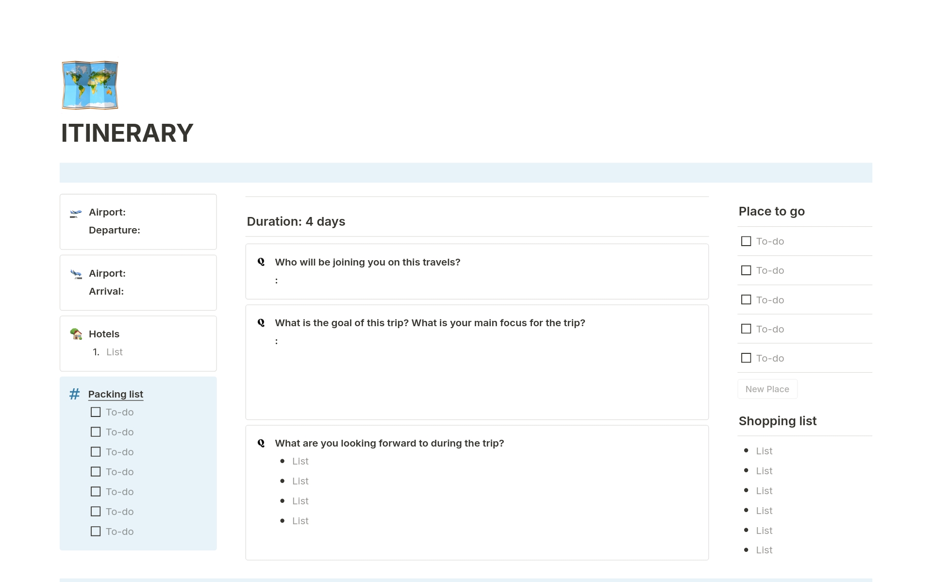 A template preview for Itinerary Dashboard
