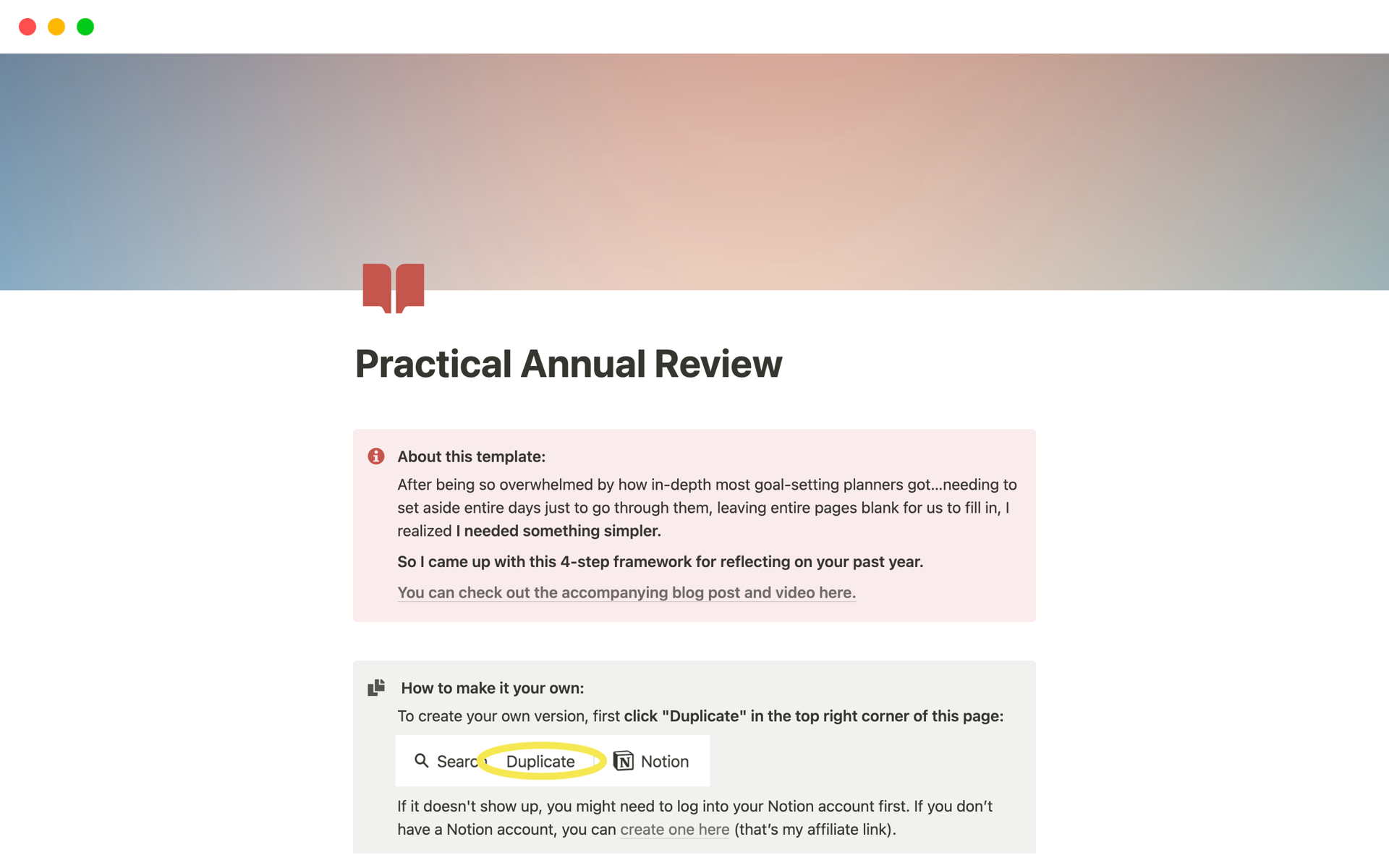This template guides you through a simple 4-step annual review to look back on the past year and prepare for the next
