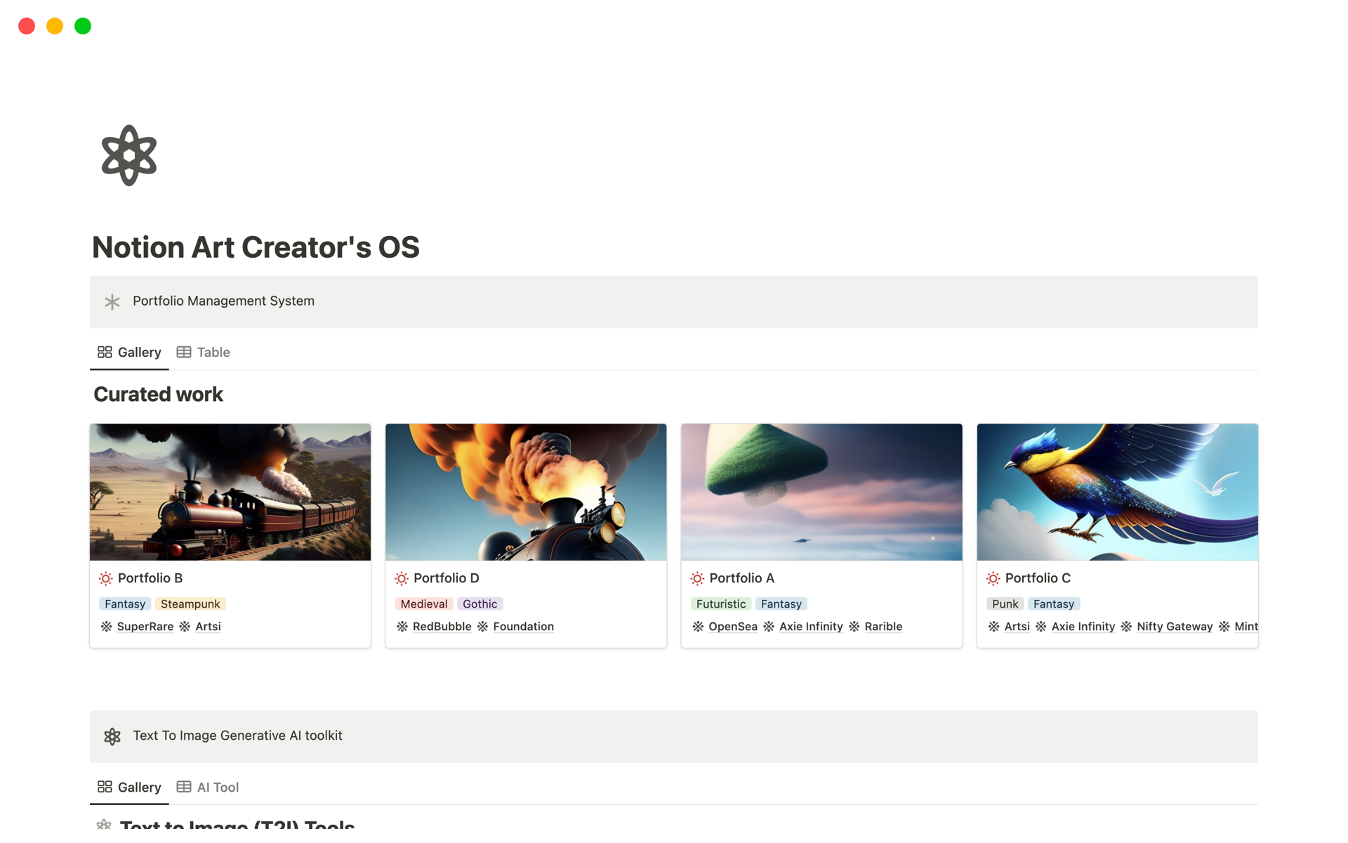 A template preview for Notion Art Creator's OS