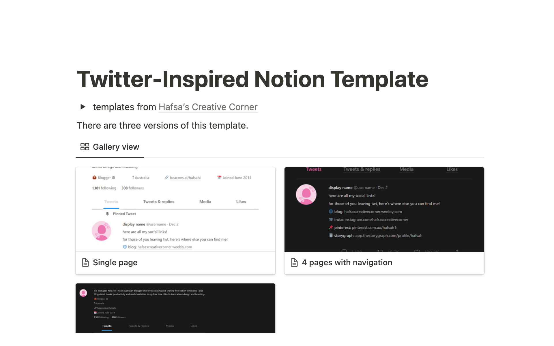 Twitter-Inspired Notion Templateのテンプレートのプレビュー