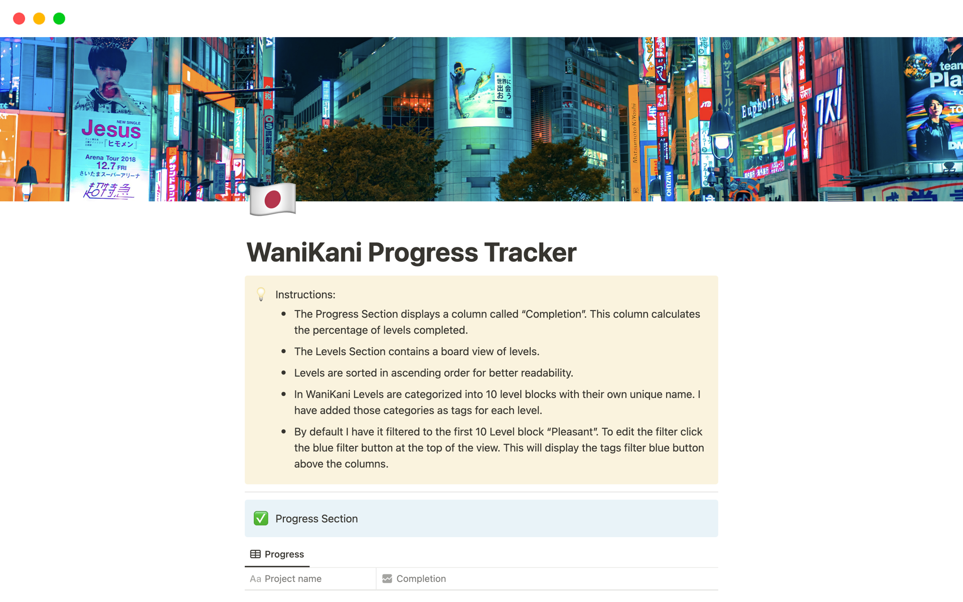 A template preview for WaniKani Progress Tracker