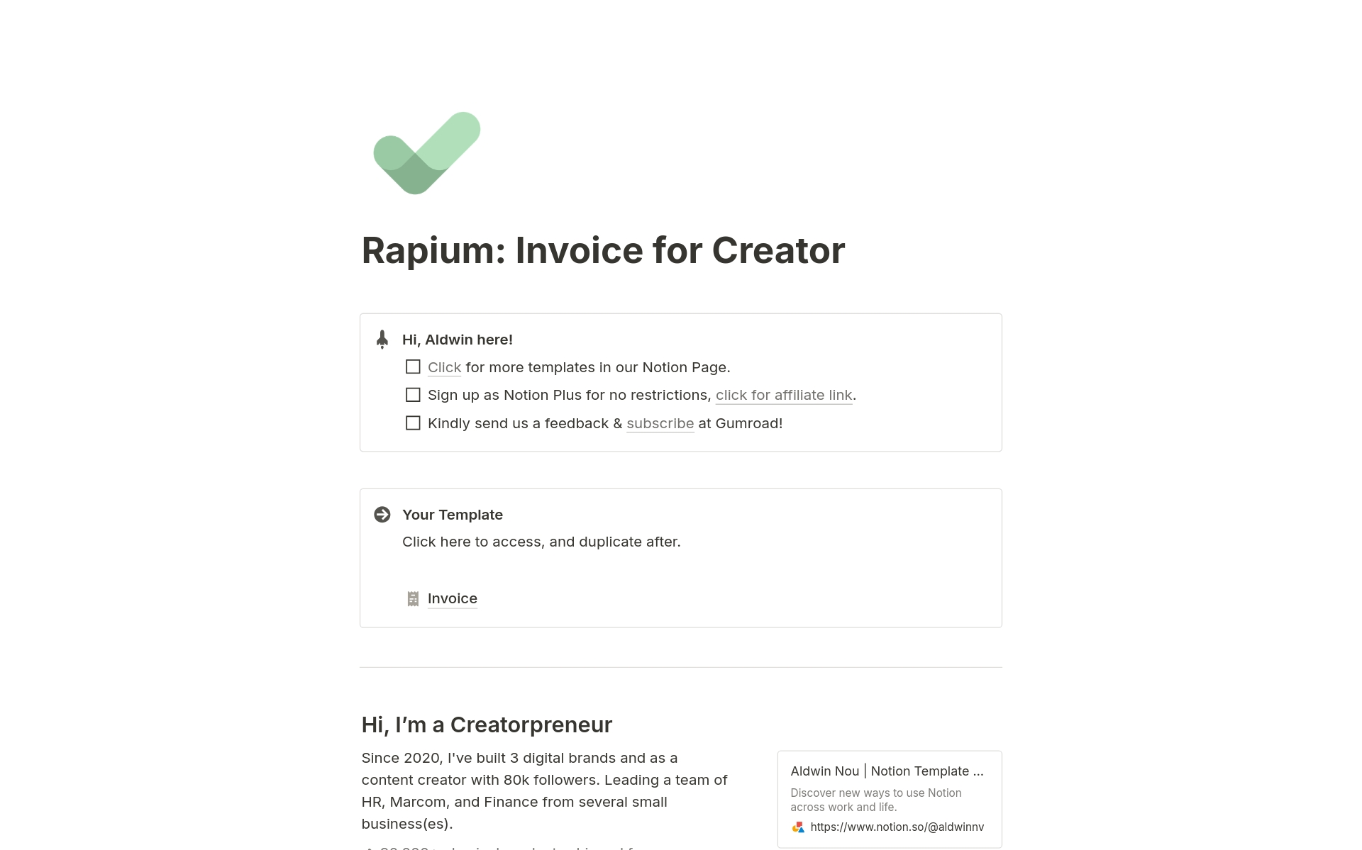 A template preview for Invoice for Creator