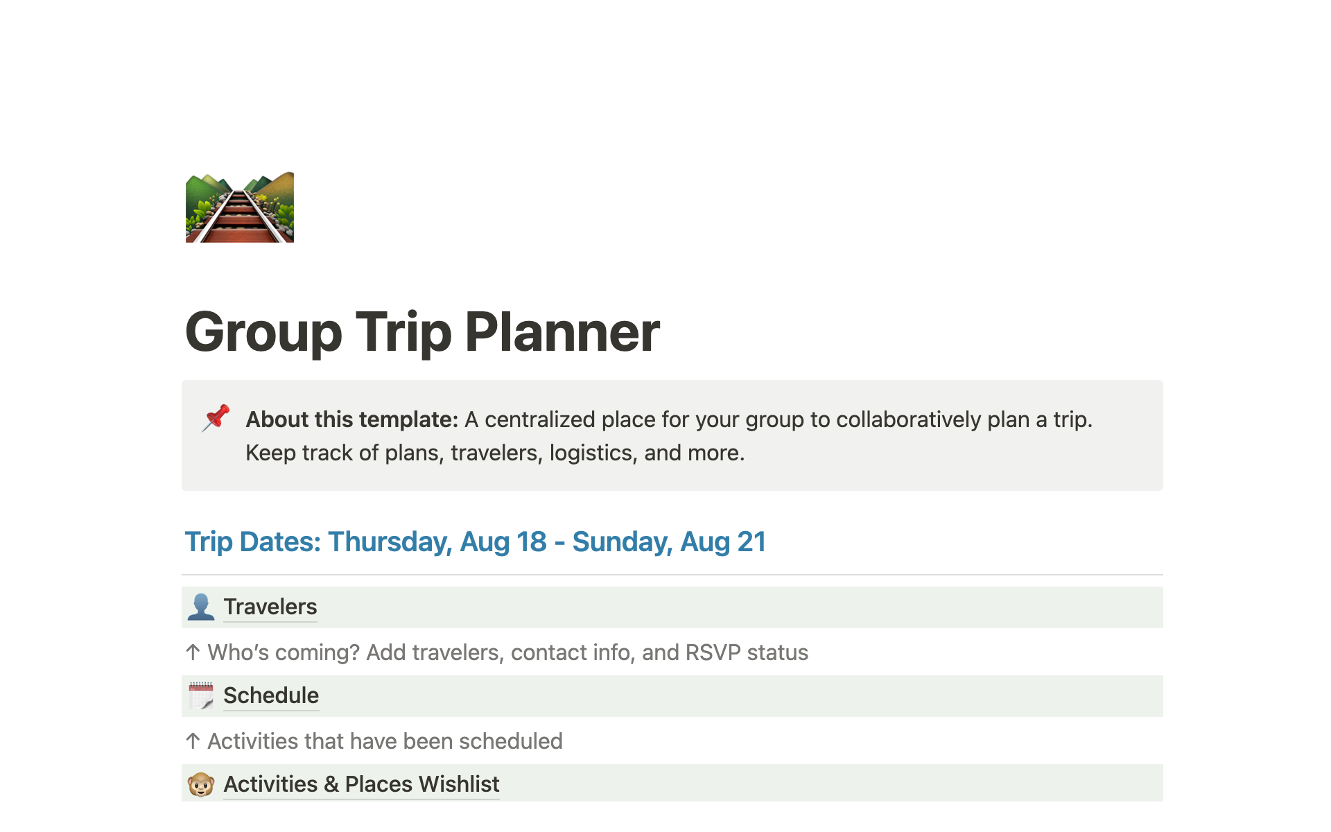 A template preview for Group trip planner