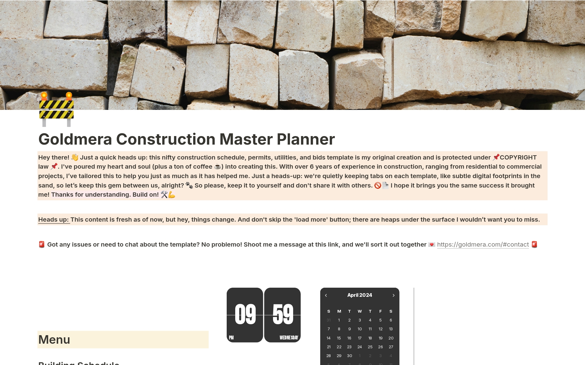A template preview for Construction Master Planner 