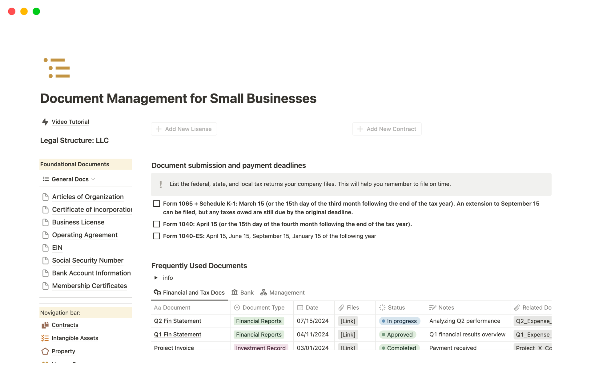 Uma prévia do modelo para Document Management for Small Businesses