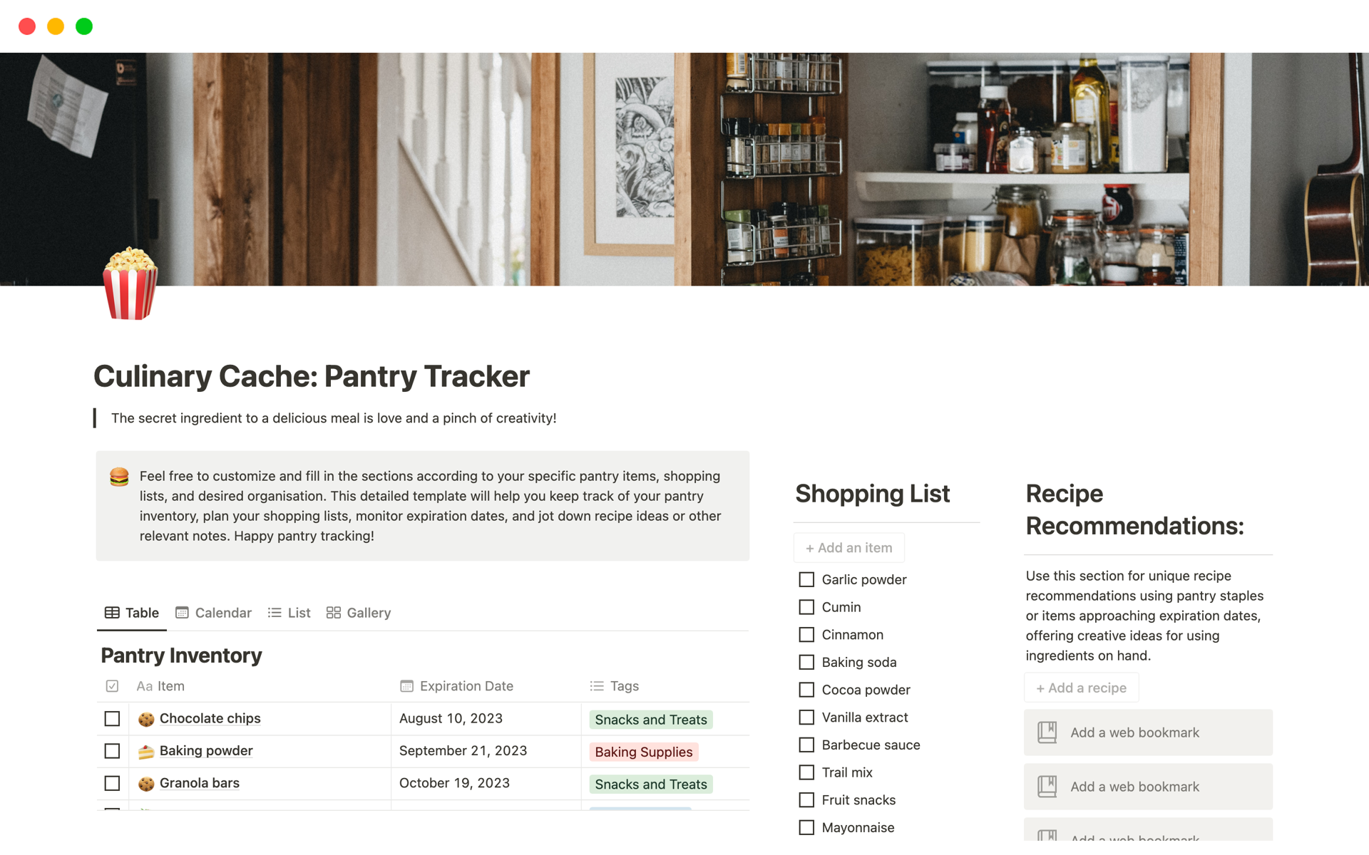 A template preview for Culinary Cache: Pantry Tracker