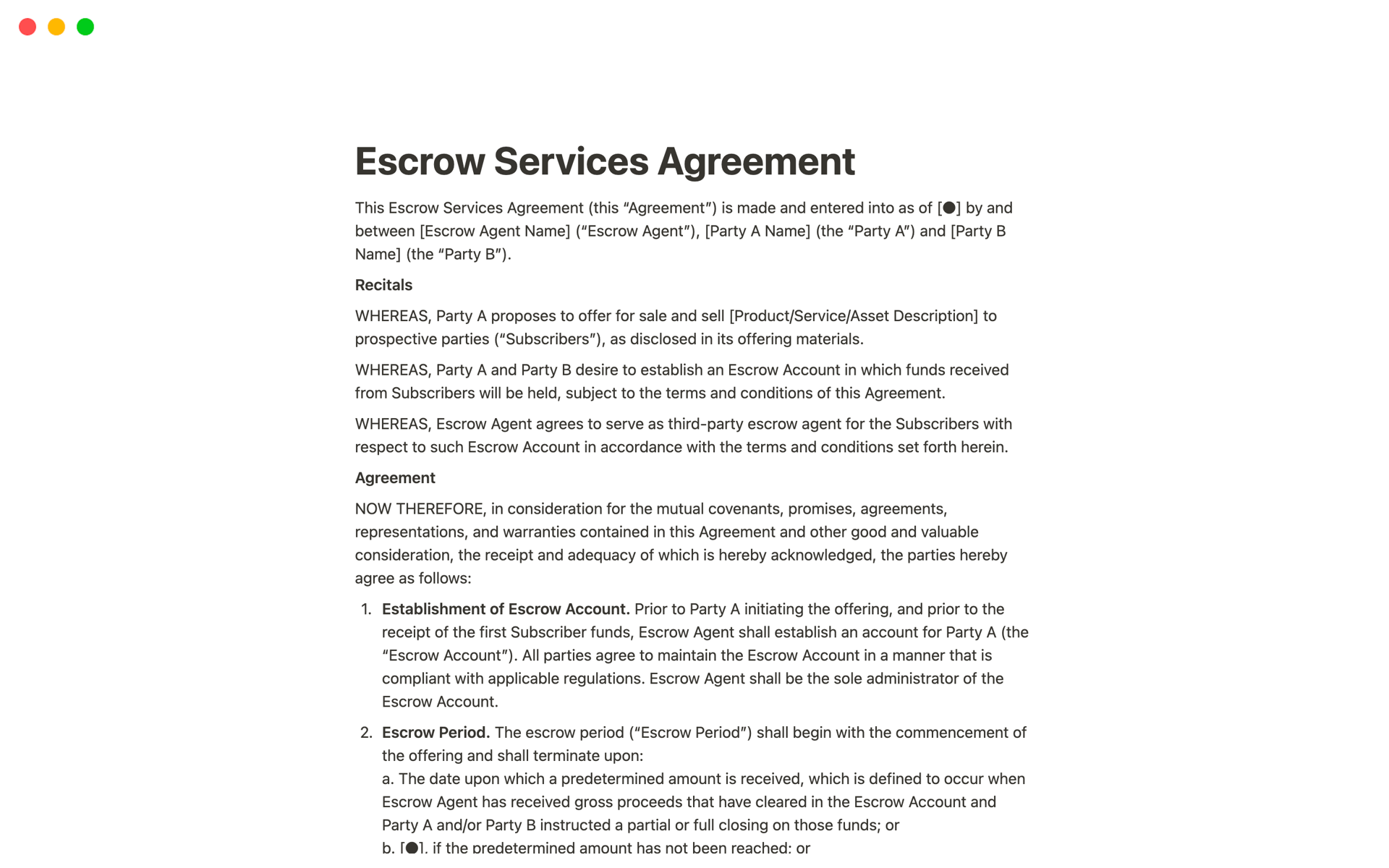 Vista previa de una plantilla para Escrow Services Agreement