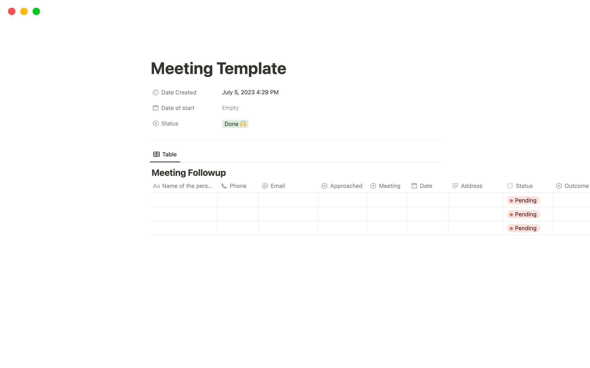A template preview for Meeting Tracker