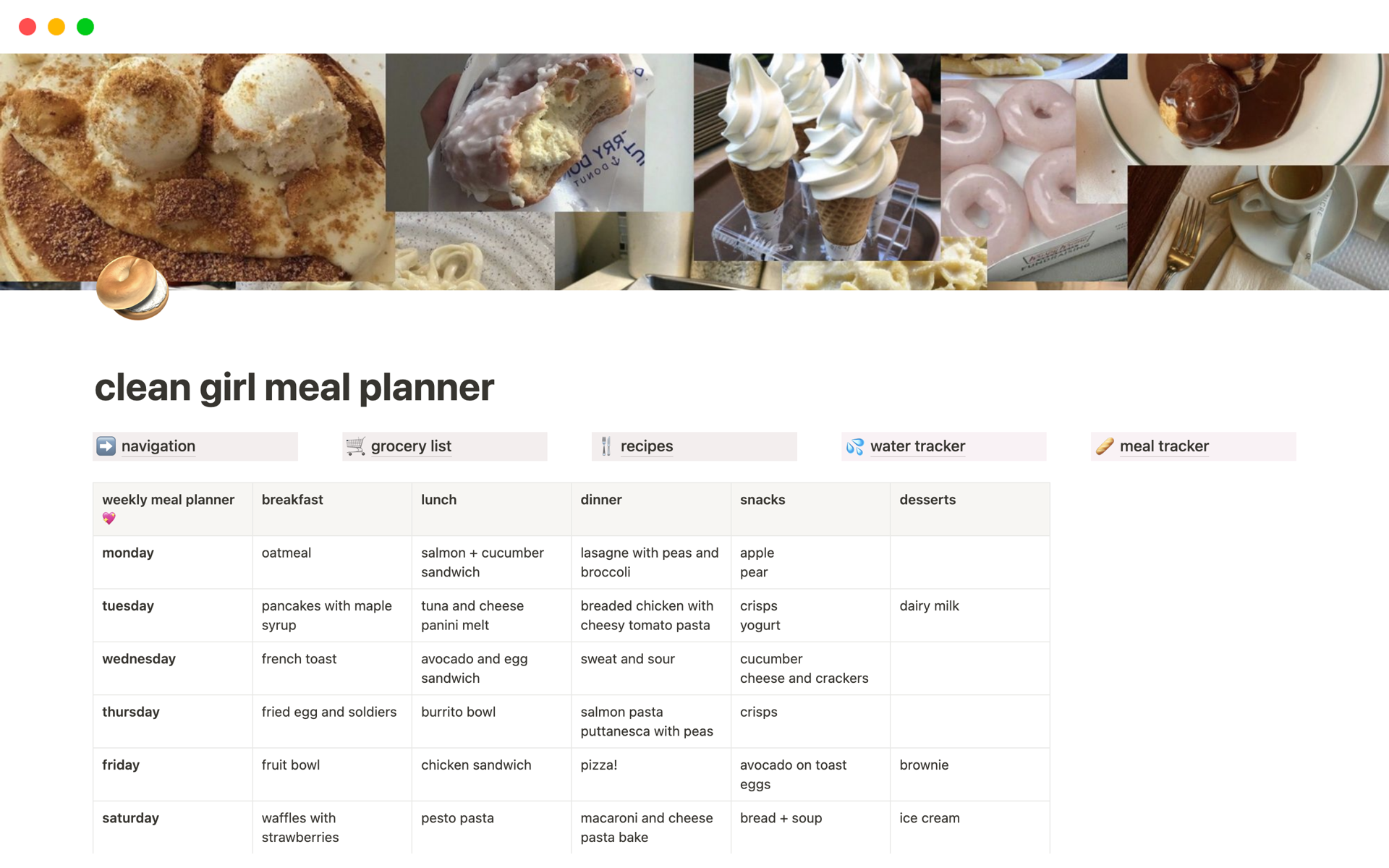 A template preview for clean girl aesthetic meal planner