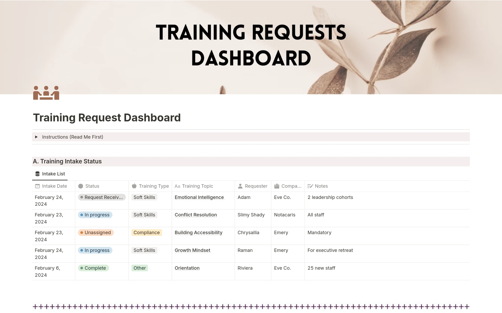 A template preview for Training Request and Intake Forms