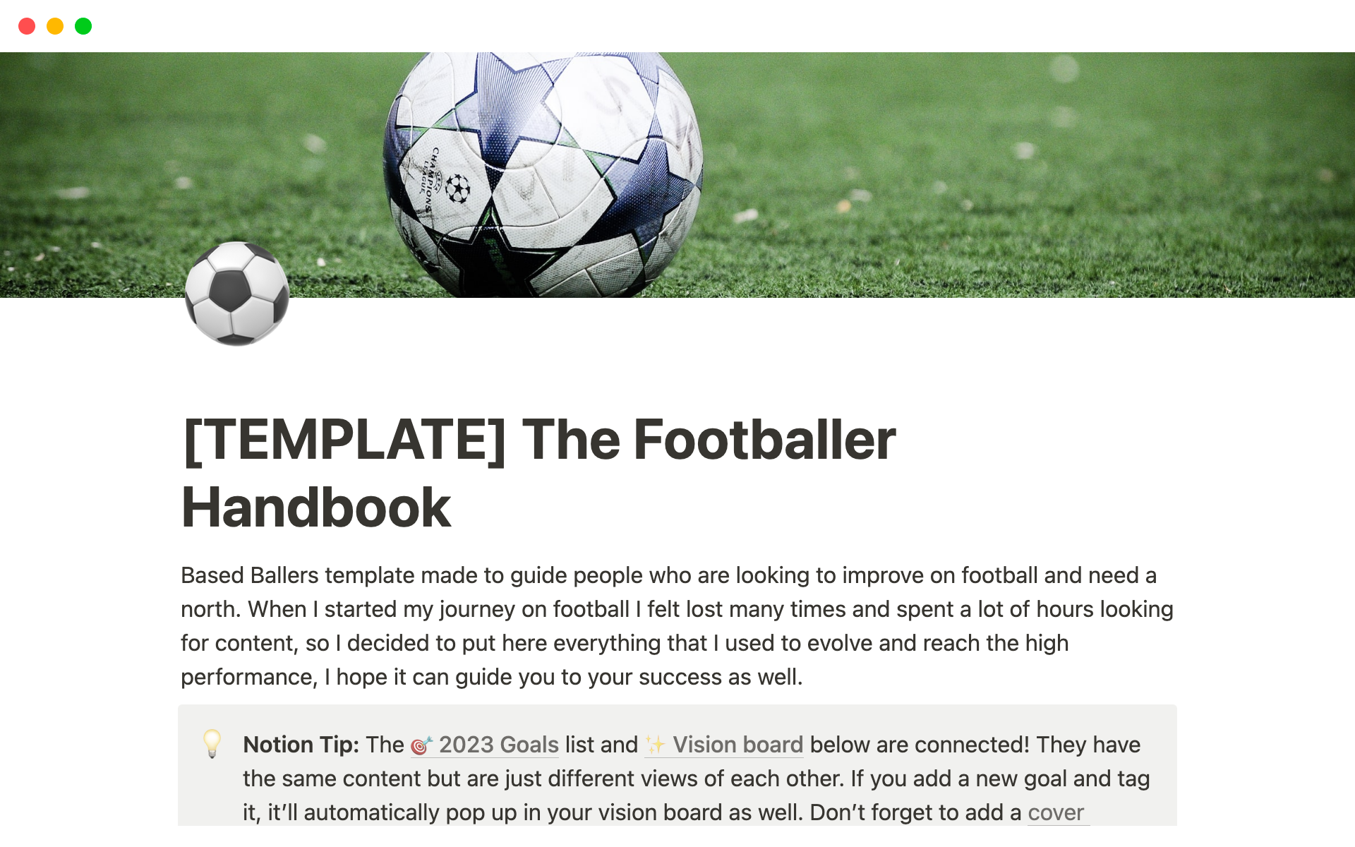 Vista previa de una plantilla para The Footballer Handbook