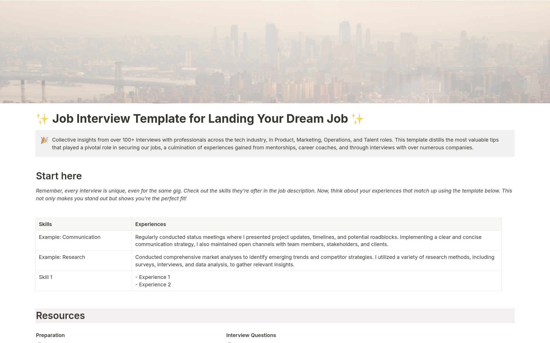 A template preview for Job Interview Questions Database