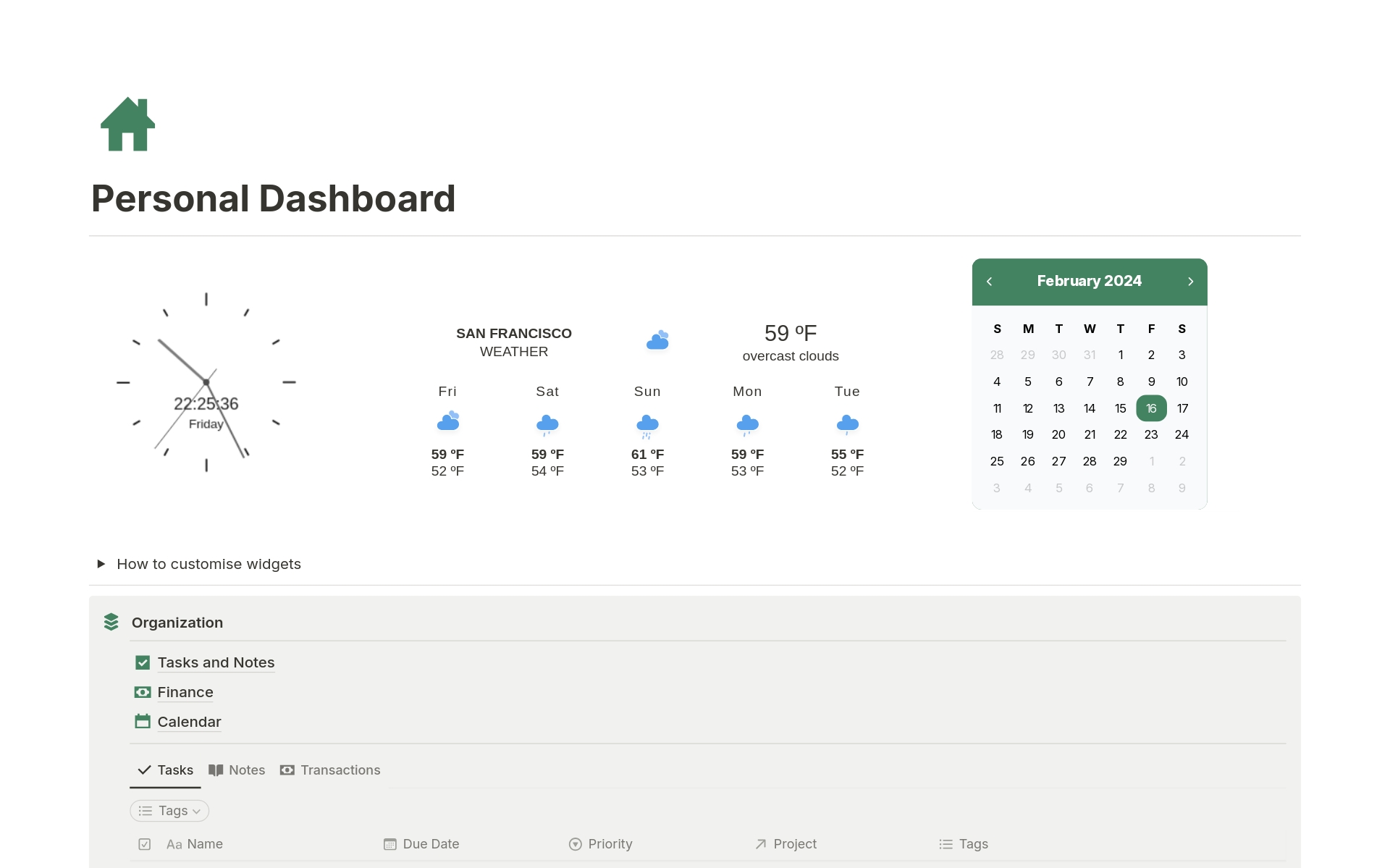 A template preview for Personal Dashboard