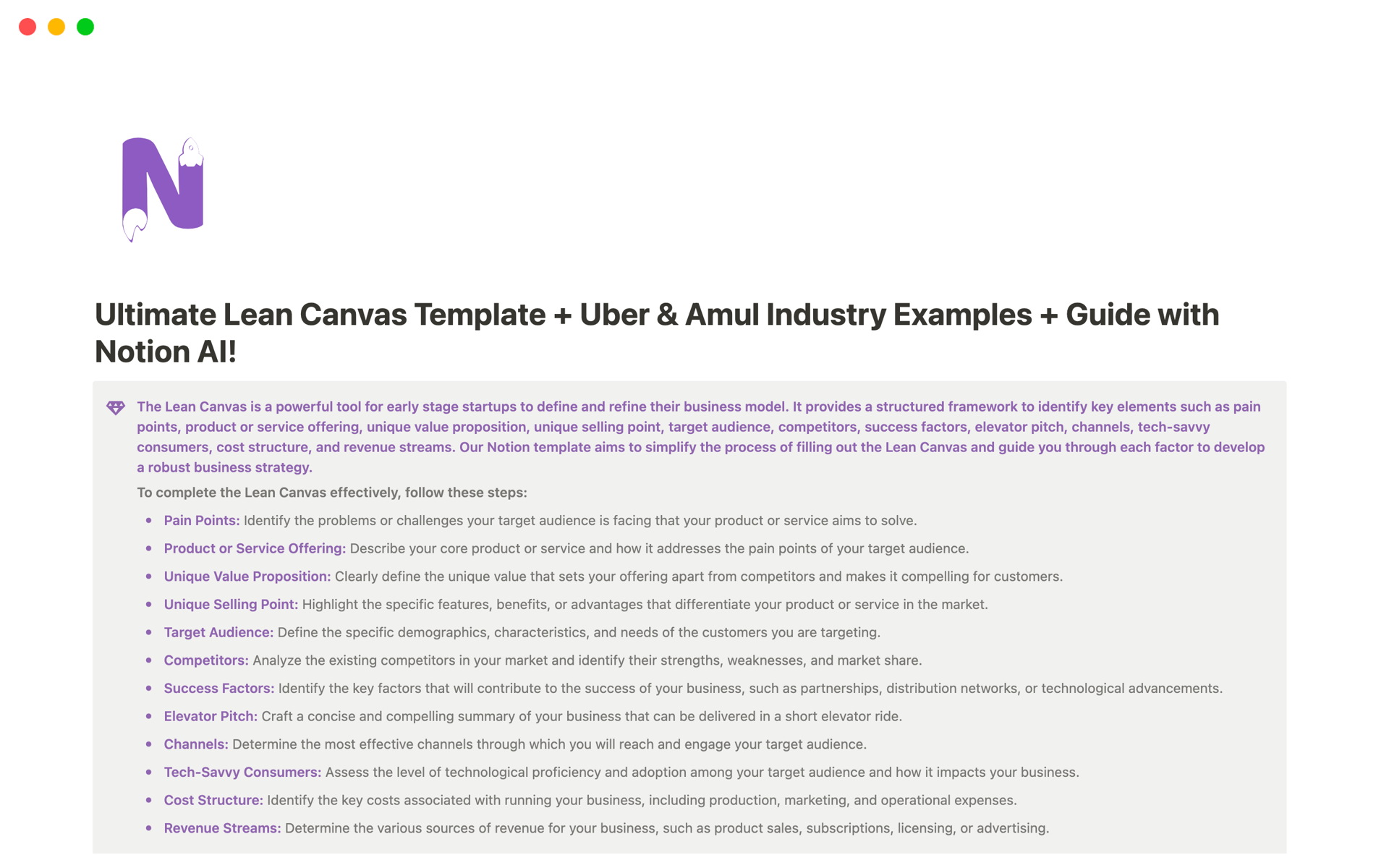 Unleash business success with the Ultimate Lean Canvas Notion Template, featuring AI and real-world examples from Uber and Amul.