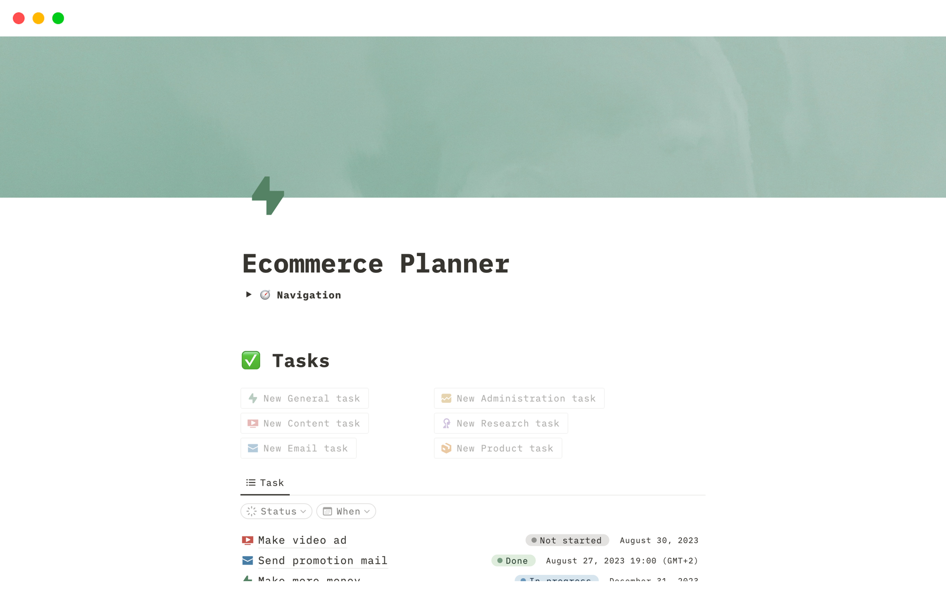 A template preview for Ecommerce planner