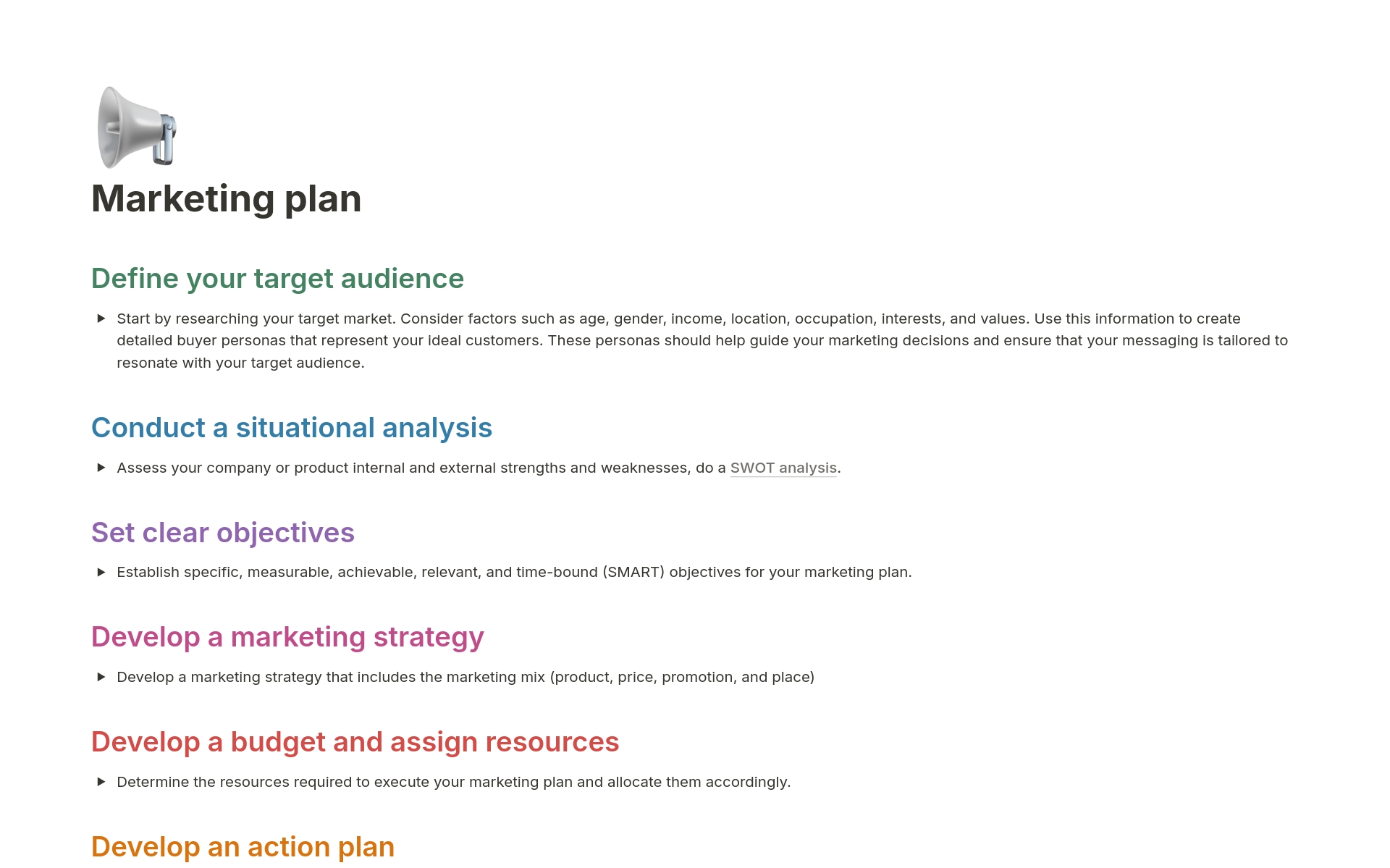 A template preview for Marketing plan