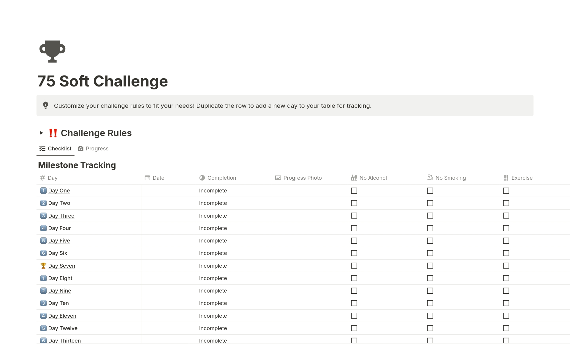 This 75 Soft Challenge template is a concise, easy-to-follow guide designed for individuals looking to improve their lifestyle and take on the challenge. This template offers a vehicle to log your progress, completion of tasks, journal, & track daily action items.