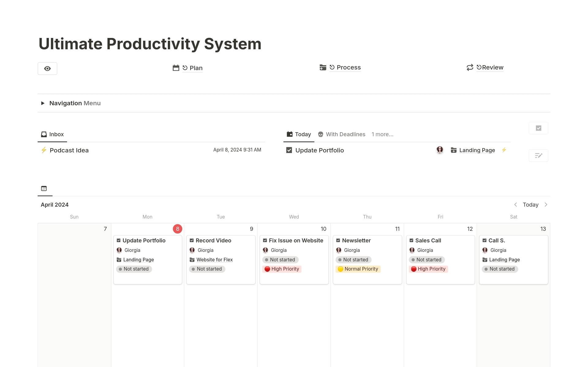 Eine Vorlagenvorschau für Ultimate Productivity System