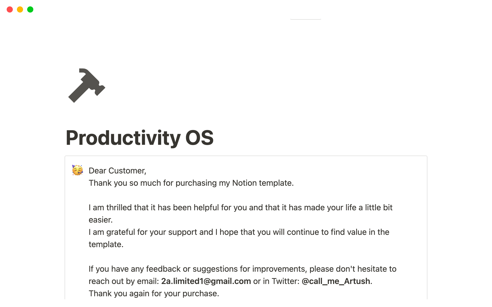 Eine Vorlagenvorschau für Productivity OS