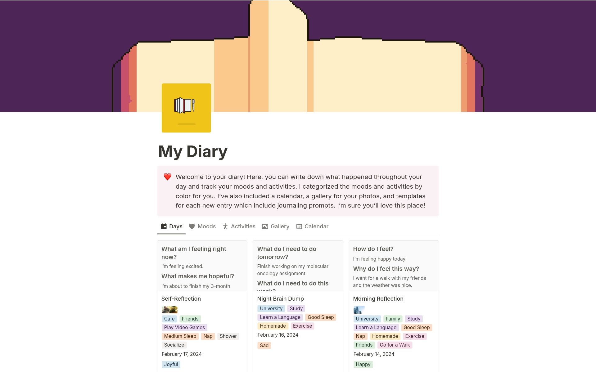 A diary where you can track your moods, activities and journal using pre-made prompts.