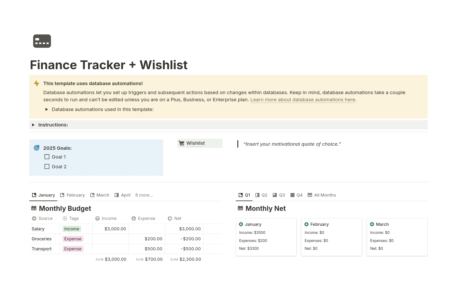 A template preview for Finance Tracker & Wishlist
