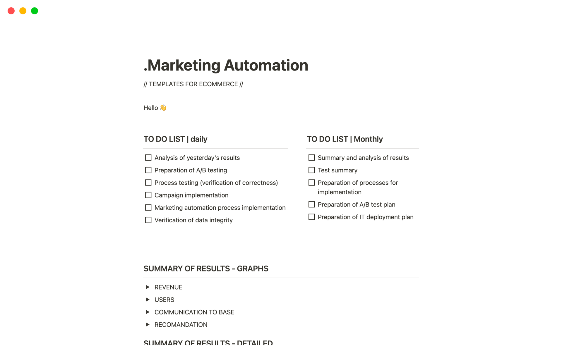 Marketing automation management template for eCommerce. ex. Mailchimp, SalesForce, Braze, Synersie, HubSpot, SALESManago